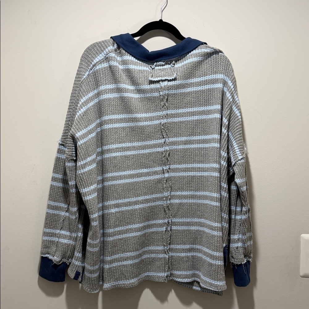 We The Free Striped Travis Polo Tee Heather Grey | Size S | Free People - Picture 3 of 7